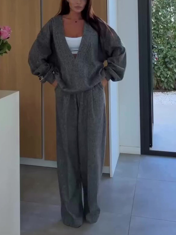 Gray Loose V-Neck Top & Wide-Leg Pants Two-Piece Set