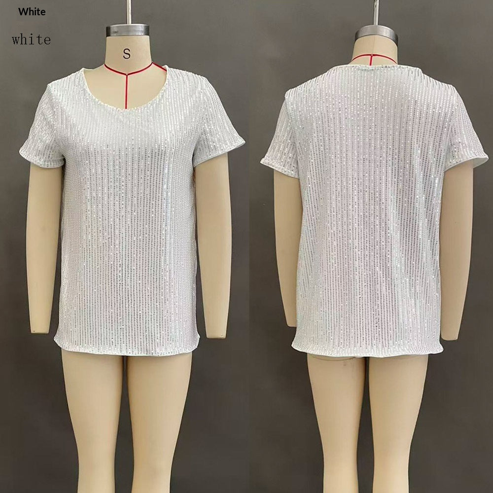 Women's Commuter Sequin Loose Crew Neck Short-Sleeve Top