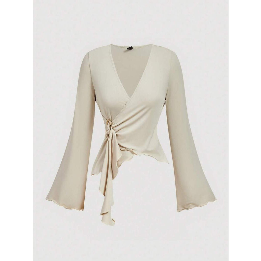 Womens Autumn New Solid-Color V-Neck Asymmetrical Long-Sleeve T-Shirt