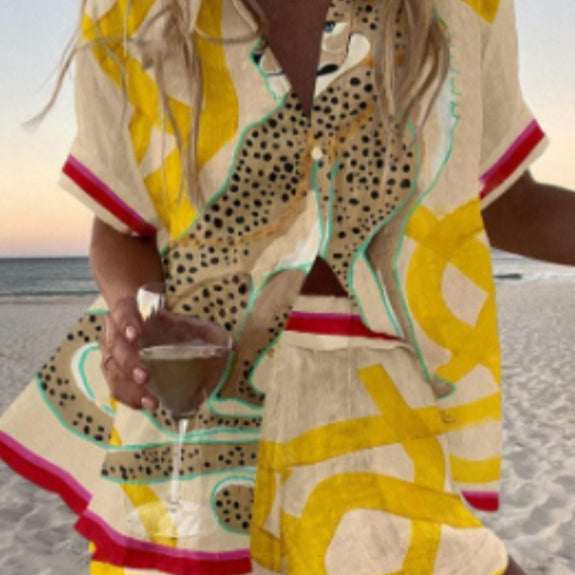 Women's Fashion Printed Casual Vacation Style Cardigan Shorts Suit