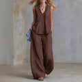 Fashionable Casual Solid-color V-neck Pleated Loose-fit Sleeveless Two-piece Set With Long Pants