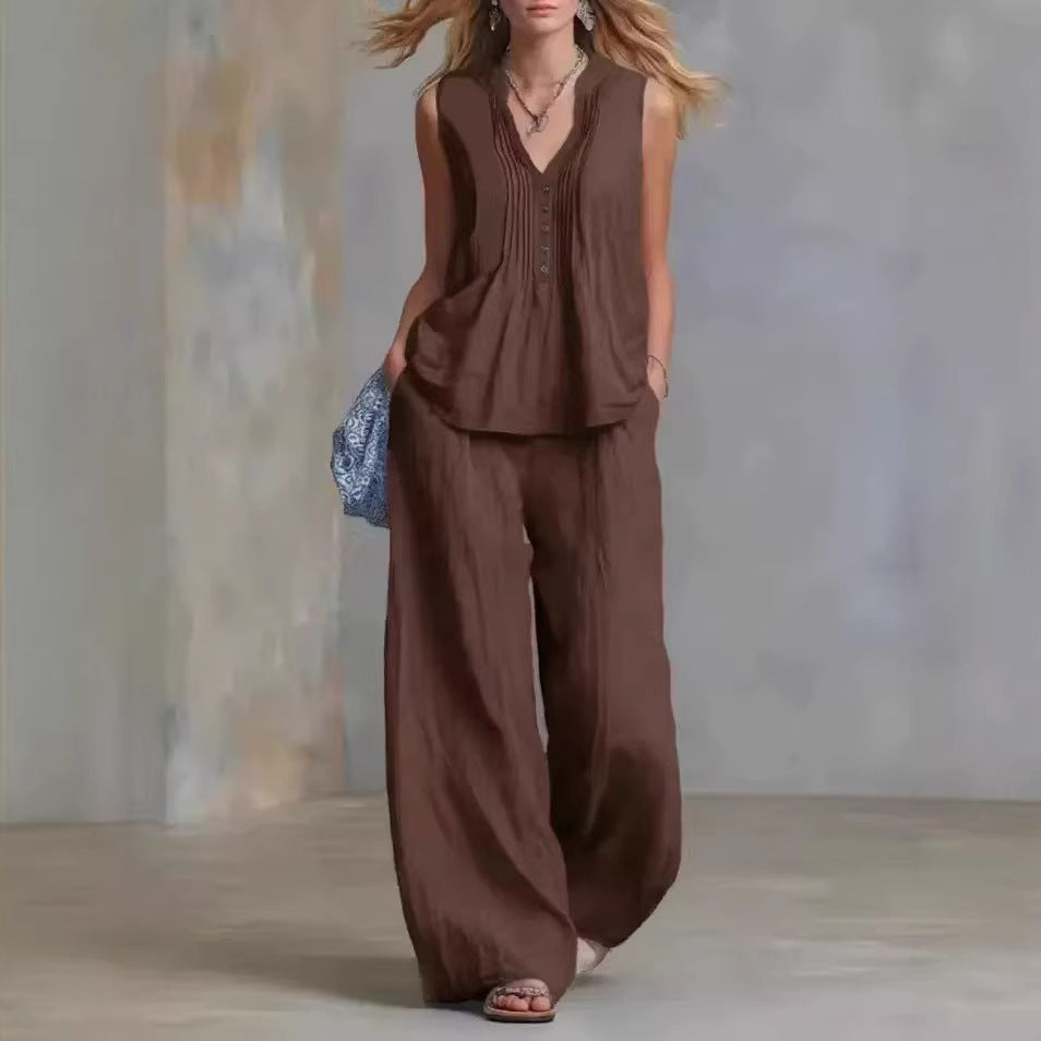 Fashionable Casual Solid-color V-neck Pleated Loose-fit Sleeveless Two-piece Set With Long Pants