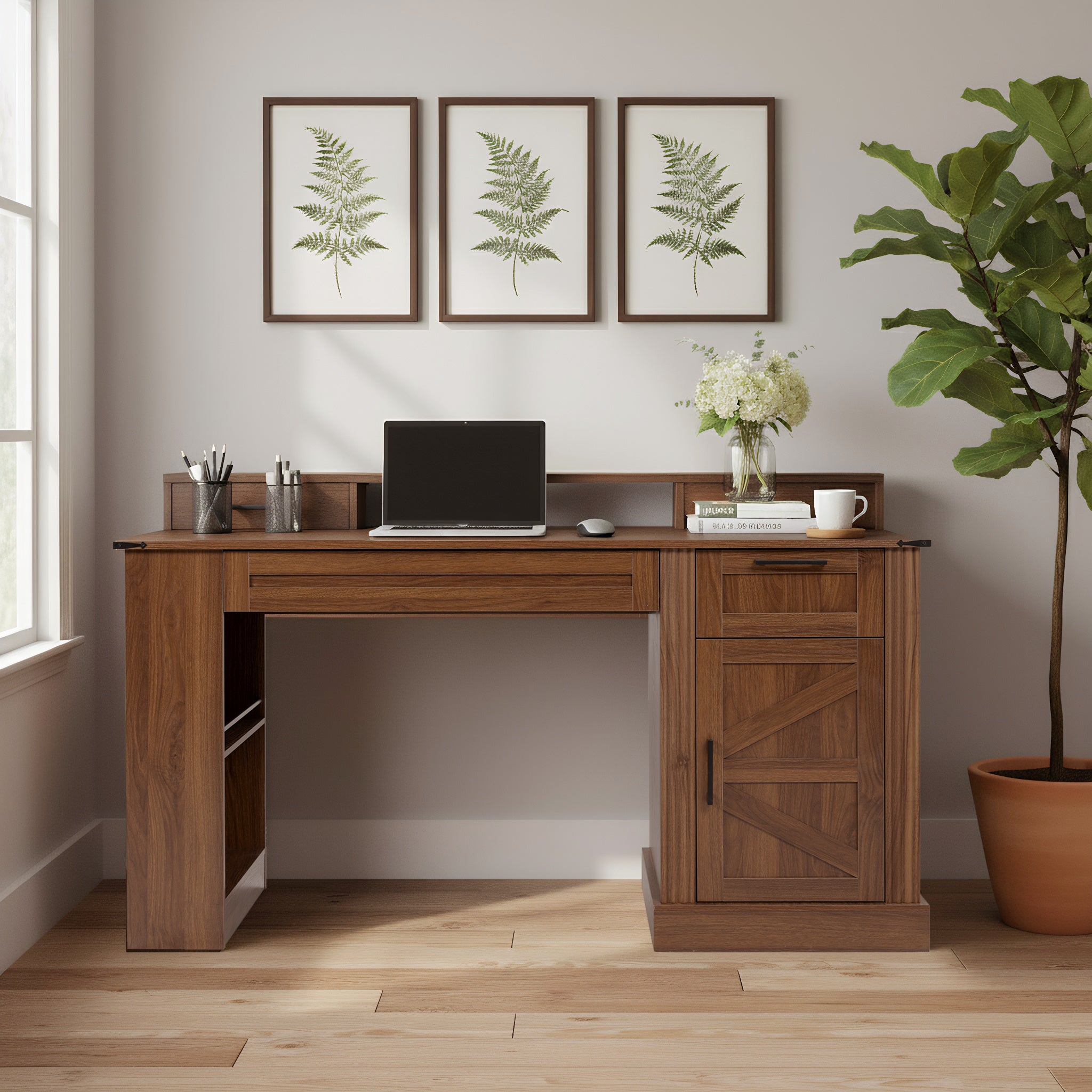 55 Farmhouse Office Desk With Storage Cabinet  Charging Station, Barn Door Design Computer Writing Desk With Keyboard Tray, Monitor Stand & Pegboard For Study, Living Room, Home Office, Dark Walnut