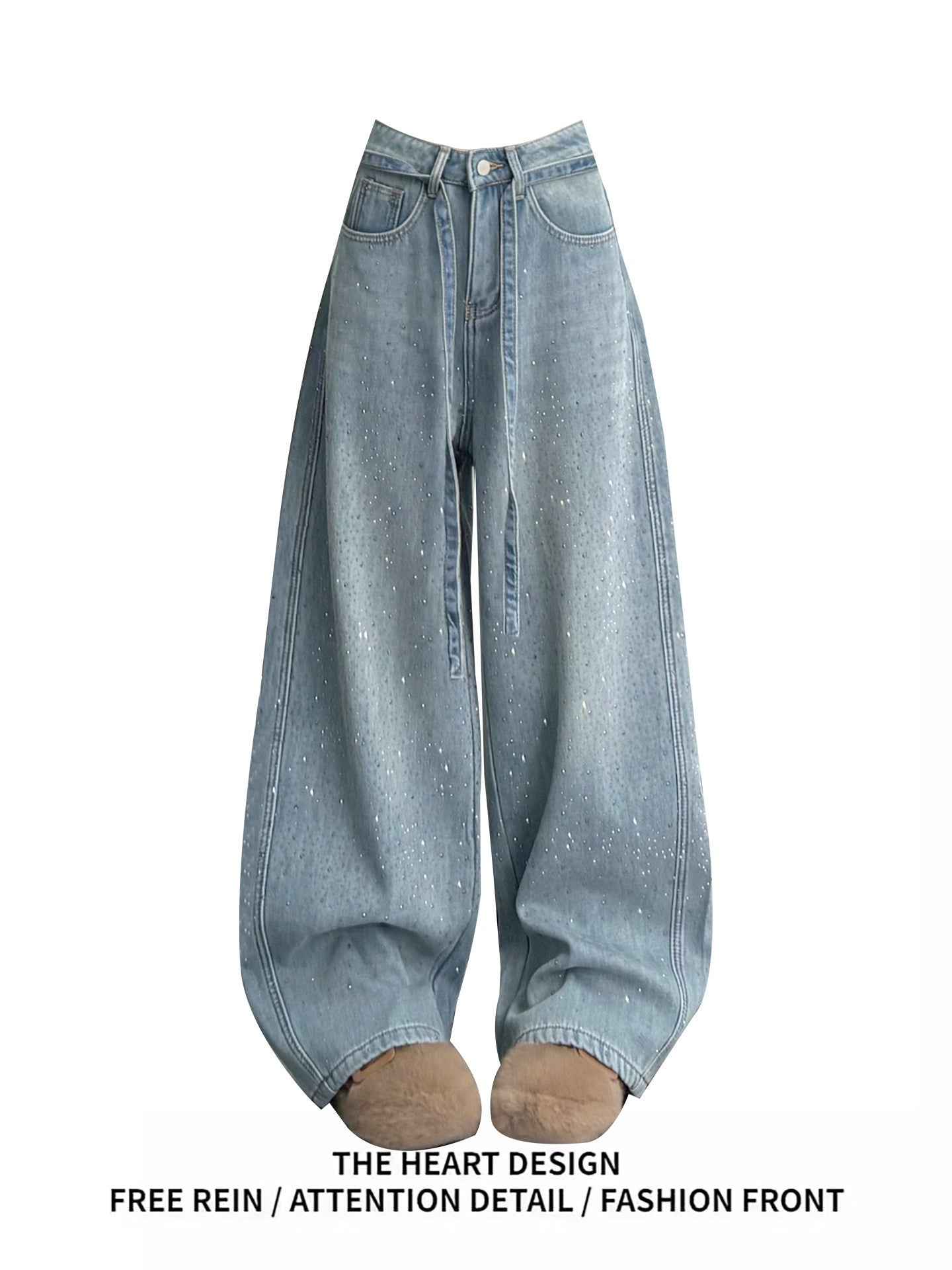 Babys-breath Hot-stone-embellished Wide-leg Denim Jeans For Women