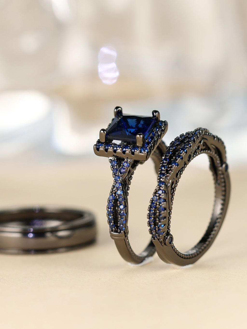 Green Hollow Rose Gold Three-Piece Diamond-Encrusted Zircon Ring Set