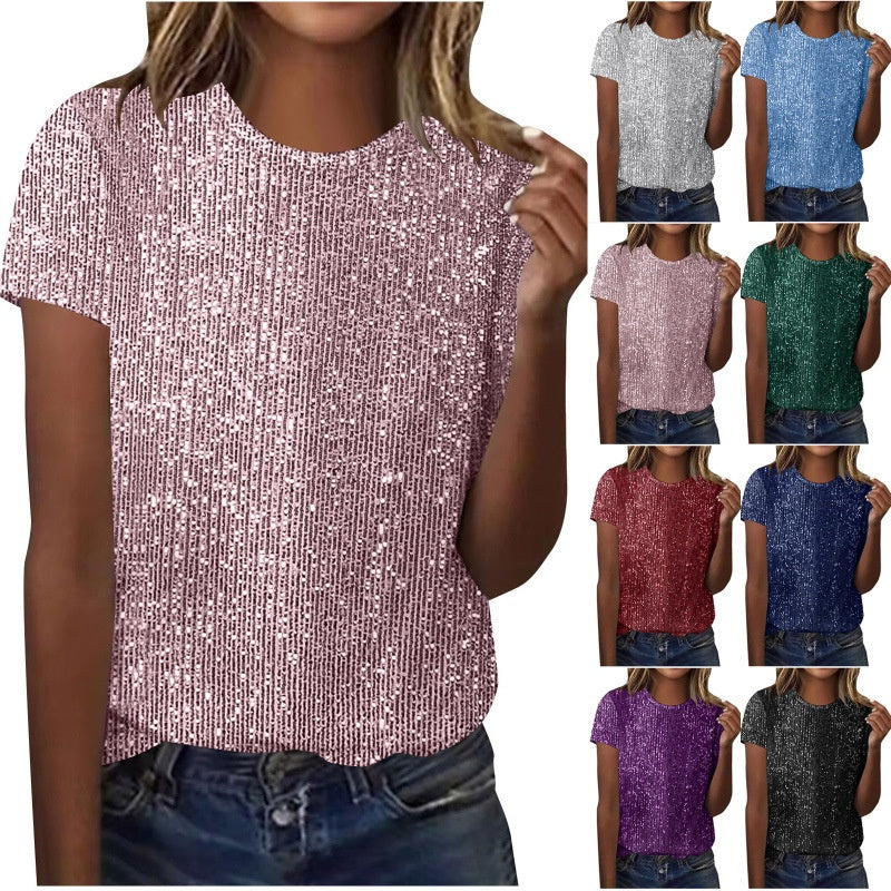Women's Commuter Sequin Loose Crew Neck Short-Sleeve Top