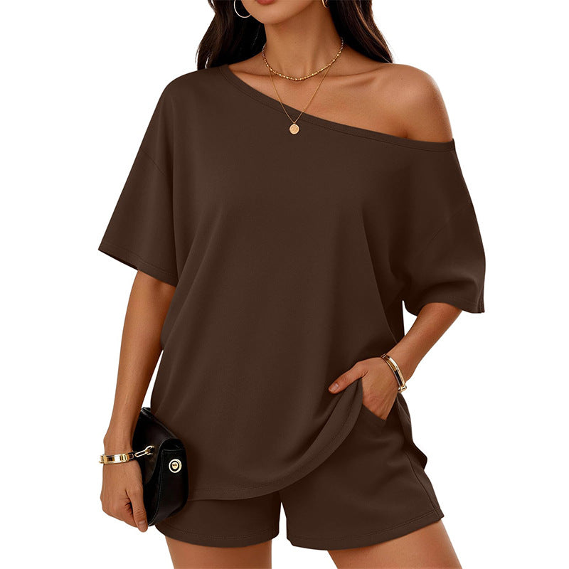 Womens 2-piece Fashionable Casual Set Slant-Neck Top And Shorts