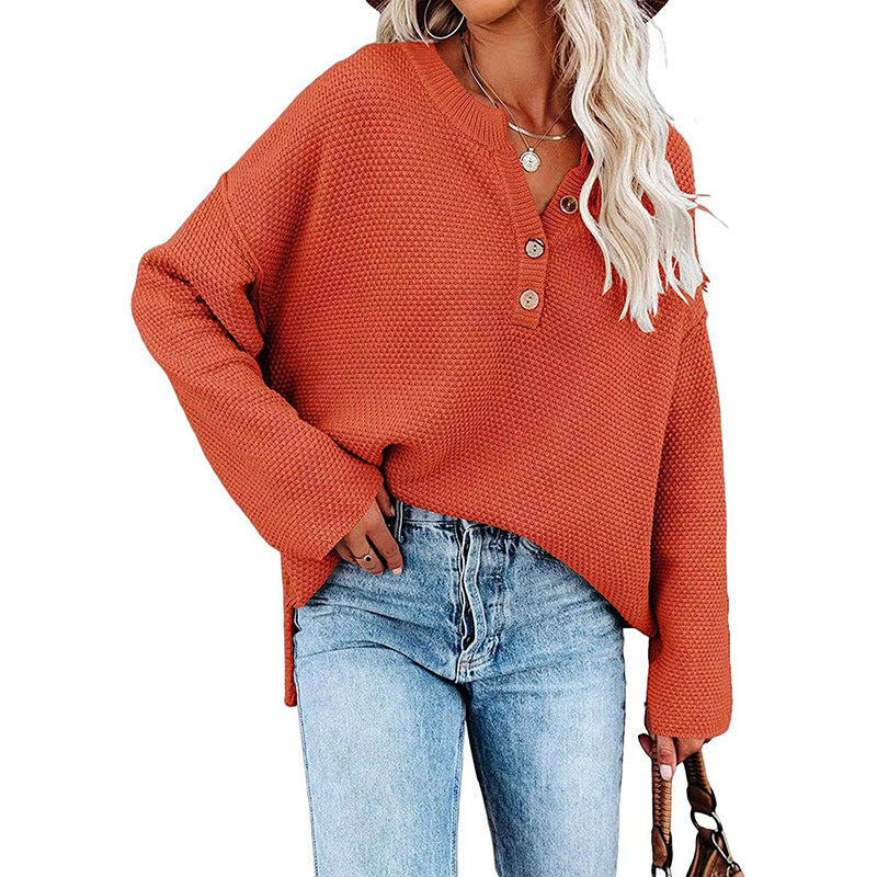 Solid Color Pullover V-Neck Knitted Sweater Womens