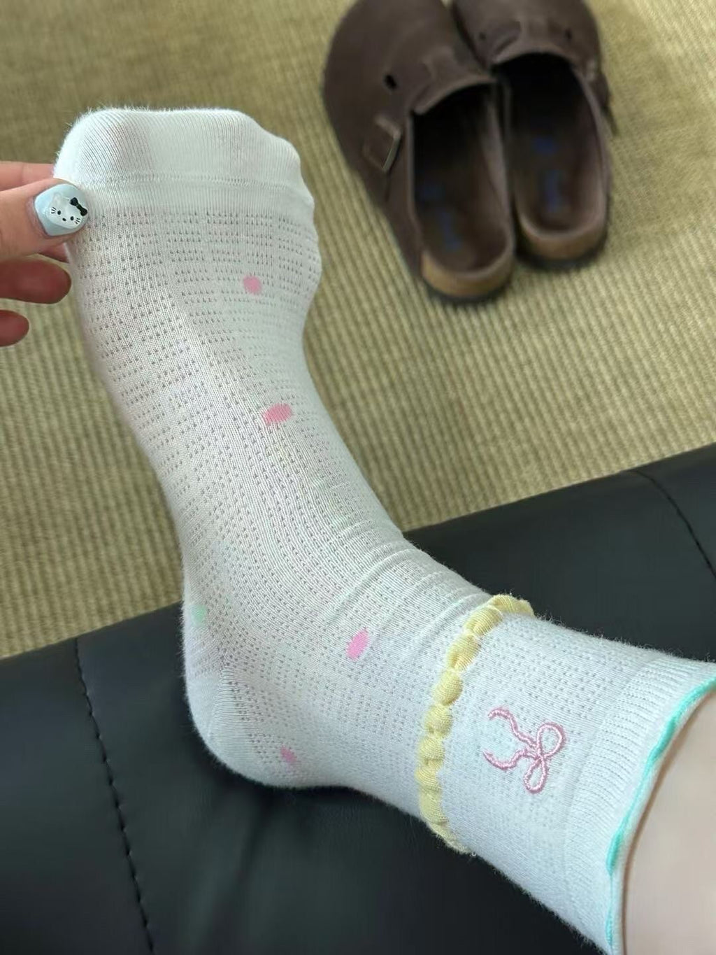 Coquette Bow Embroidered Mesh Crew Socks, Wavy Lace Trim Socks With Colorful Accents, Women's Sweet Breathable Socks For Summer & Crocs