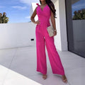 Fashionable Solid-Color V-Neck Sleeveless Long Jumpsuit