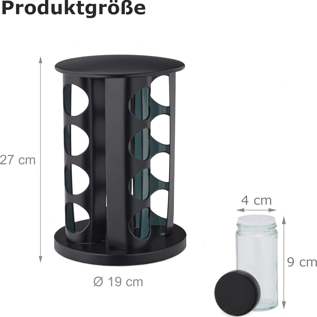 Stainless Steel Rotating Spice Rack With Round Top - 16 Jar Storage Organizer In Pure Black, Includes 16 Bottles