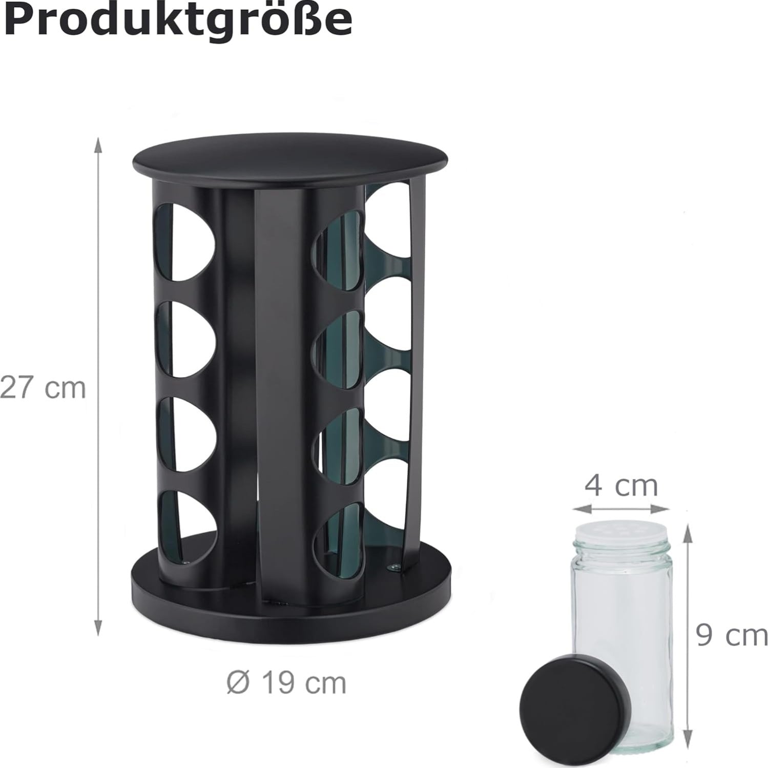 Stainless Steel Rotating Spice Rack With Round Top - 16 Jar Storage Organizer In Pure Black, Includes 16 Bottles