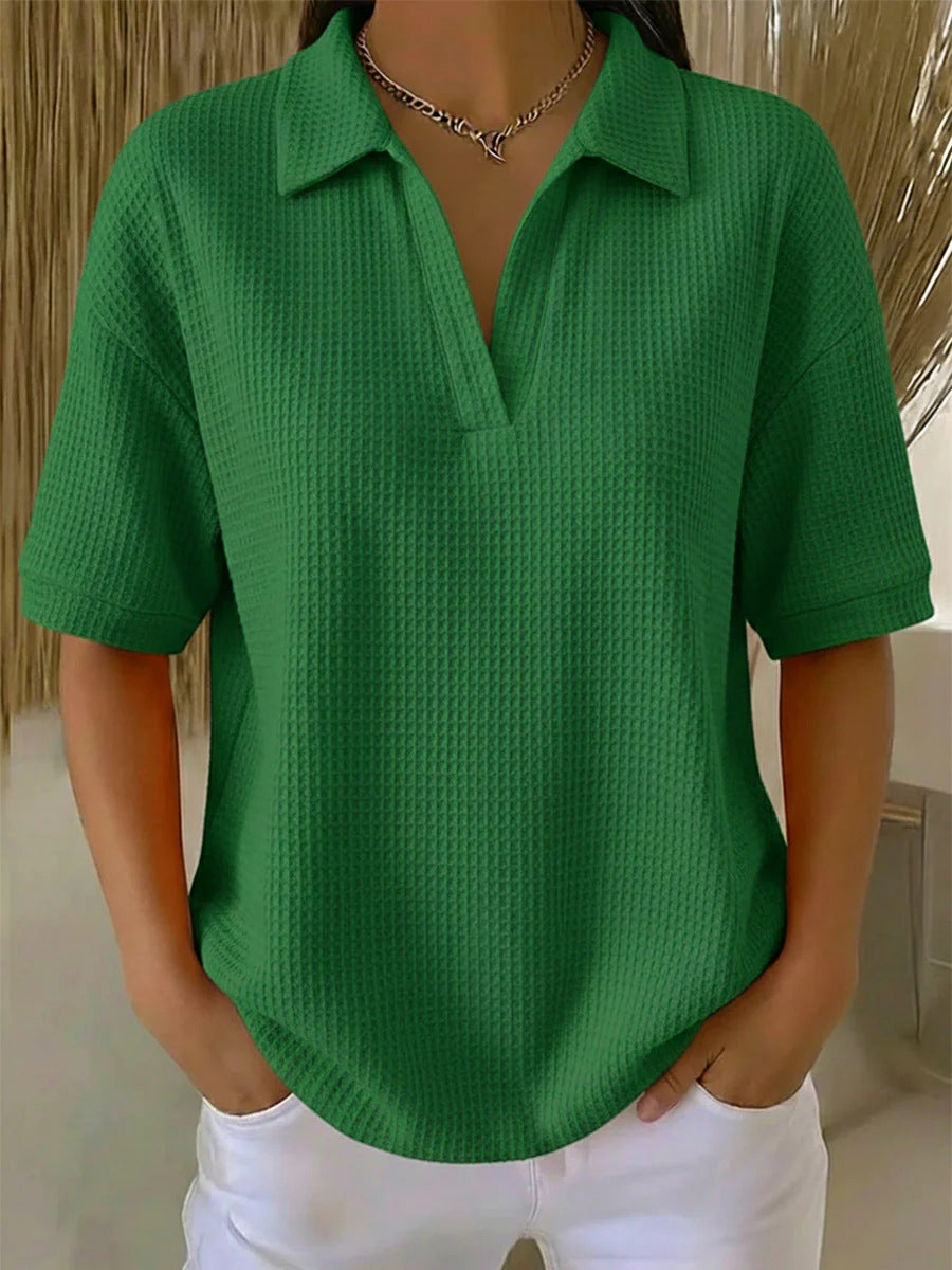 V Neck Waffle Knit Solid Color Loose Fitting Pullover Top