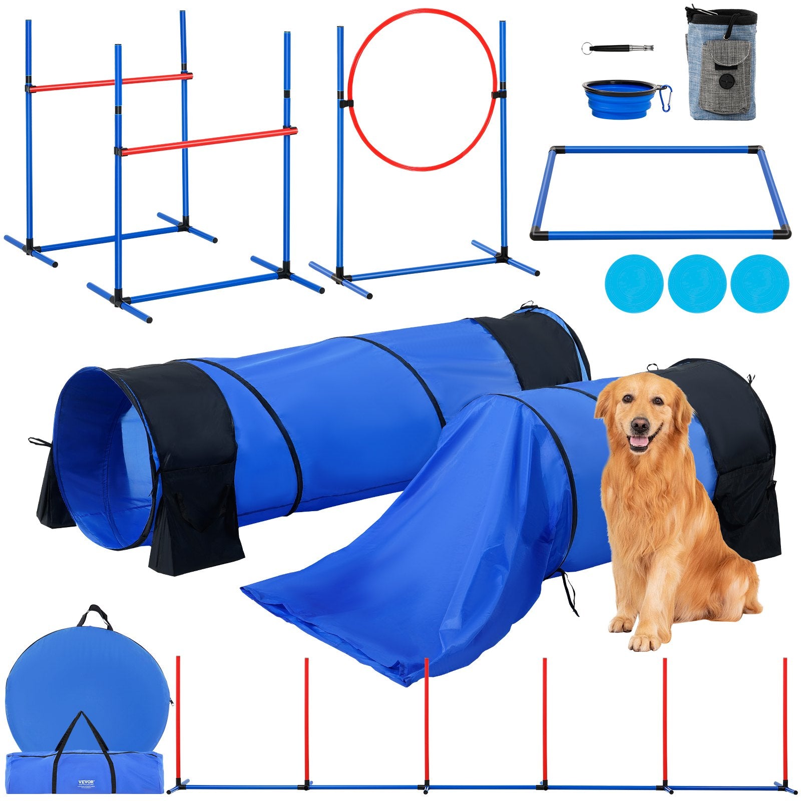 7-Piece Dog Agility Training Set with Adjustable High Jumps, 6 Weave Poles, and 2 Tunnels