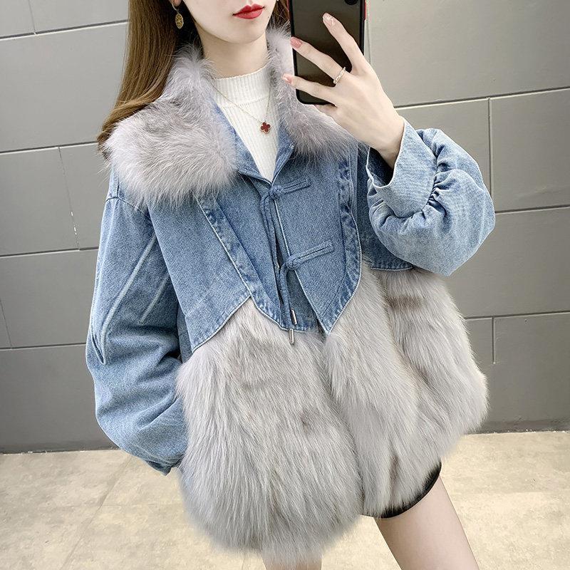 Denim Parka Womens Short Leather Faux Fox Fur Coat