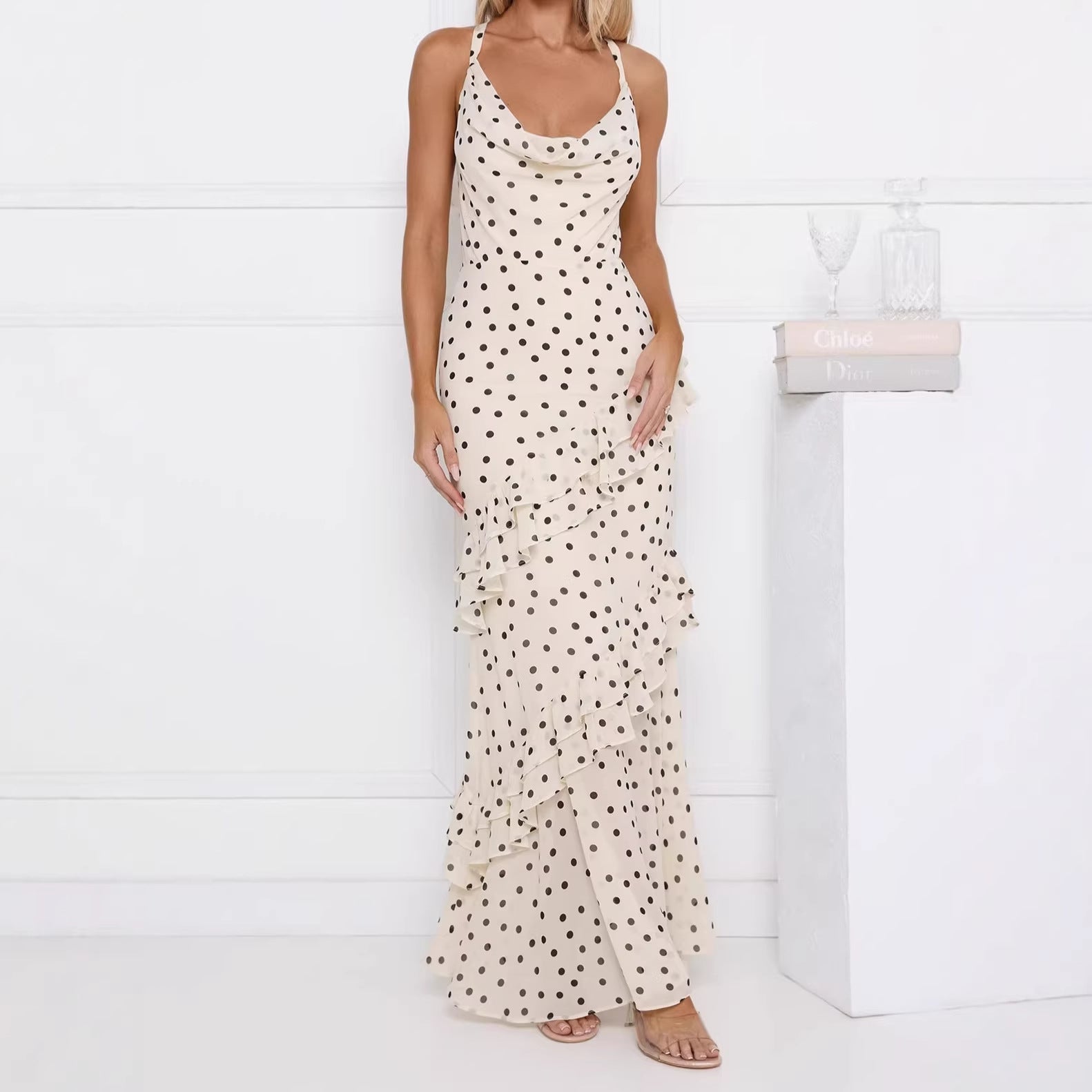 Waist-cinching Figure-flattering Sheer Dress With Ruffled Hem
