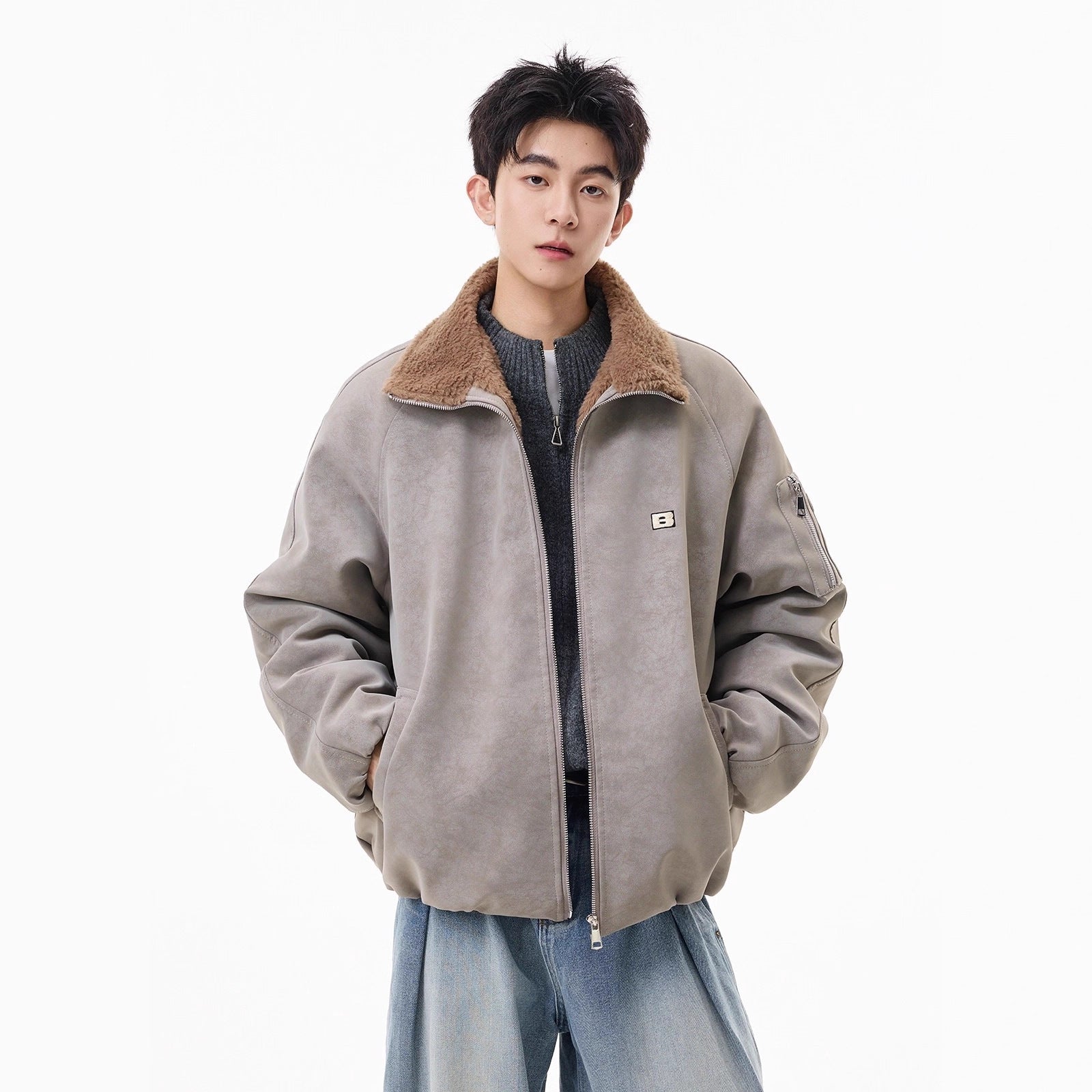 Mens American-style Fleece-lined Cotton Coat With A Lapel Featuring Tie-dye PU Leather And Fur In One And Extra Padding