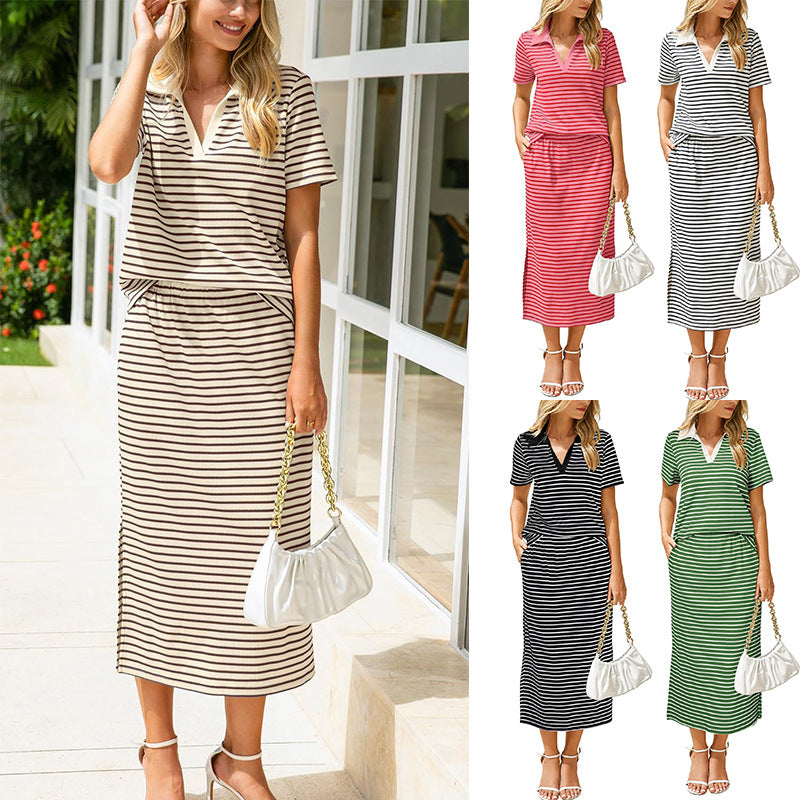 Womens Lapel T-shirt And Slit Skirt 2-piece Set