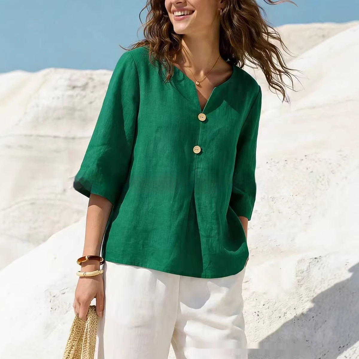New Solid-Colored Casual Cotton-Linen Womens V-Neck Button-Up Shirt
