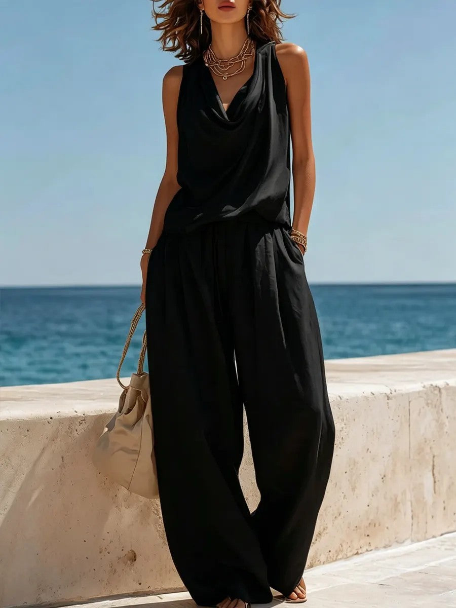 Womens Sleeveless Boat-Neck Top And Wide-Leg Pants Set