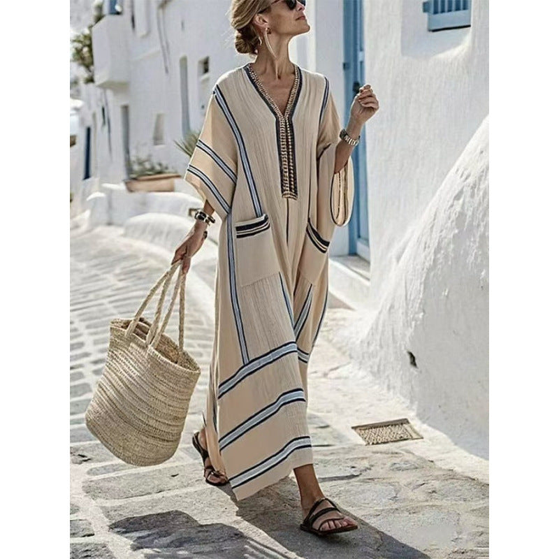 Beach Vacation Long Striped Embroidered Dress