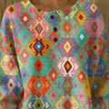 Womens Retro Printed Three-Button Stand-Up Collar Sweatshirt Top