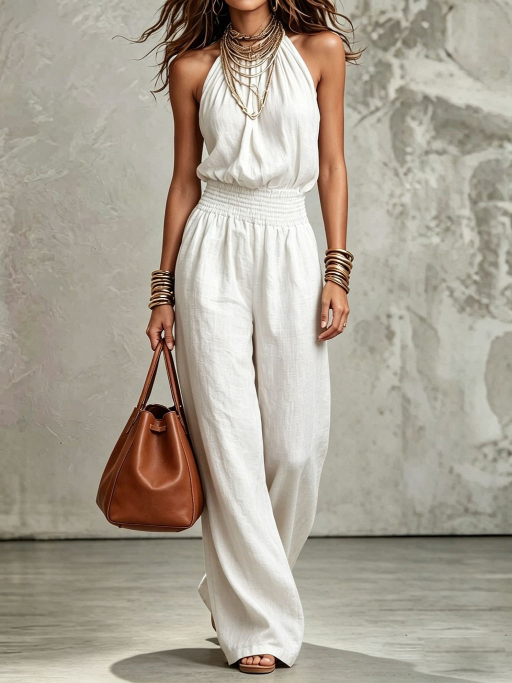 Womens Sleeveless Backless Cinched Waist Lace-up Halter Wide-leg Jumpsuit