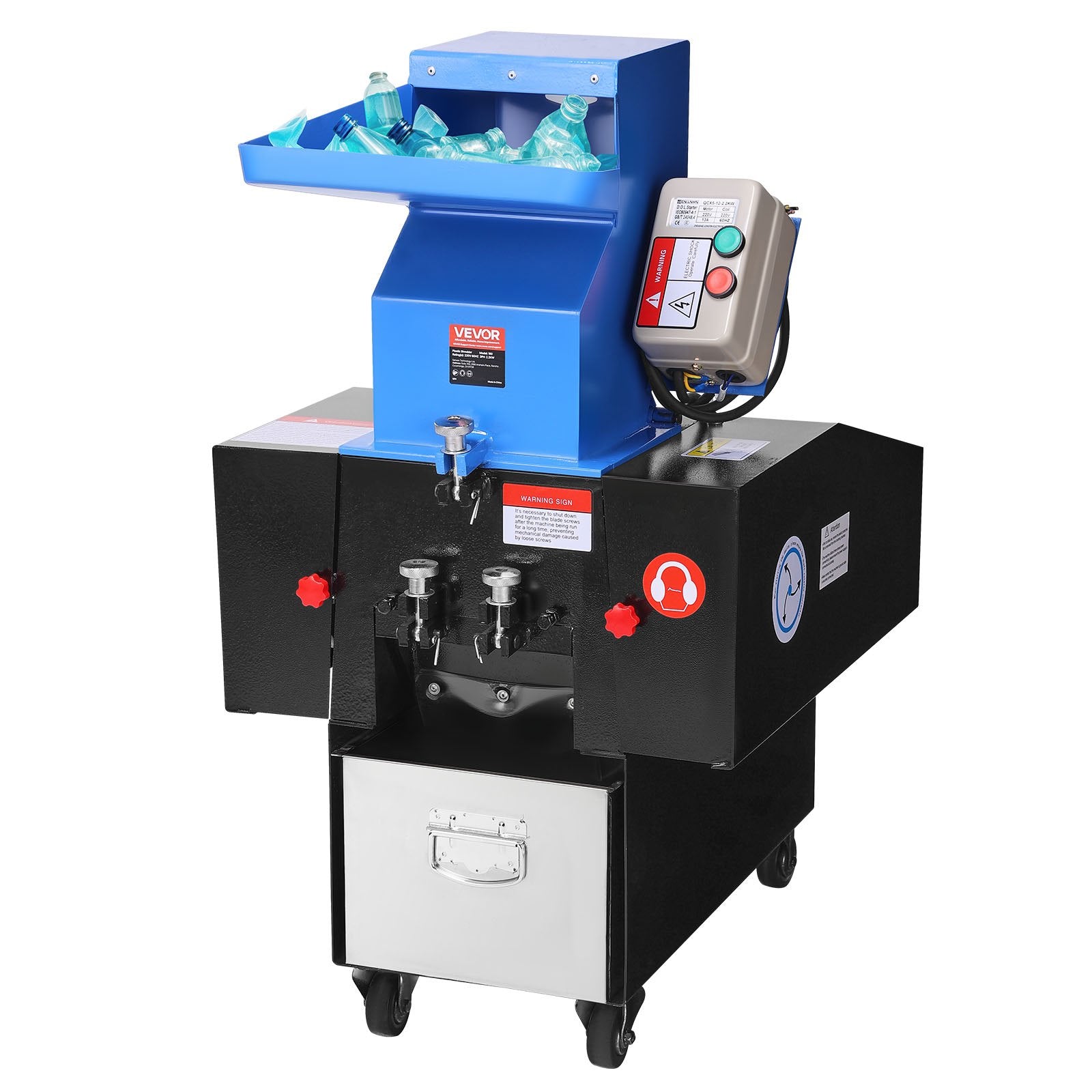 Kunststoff-Schredder-Zerkleinerer, 2,2 KW, Granulator Für Kunststoffflaschen, 100–150 Kg/h Kapazität, Mit Rädern, SDK-11-Klinge & 6 Mm Maschenweite Für PVC, ABS, PTFE(380V, 50 Hz 3-phasig)
