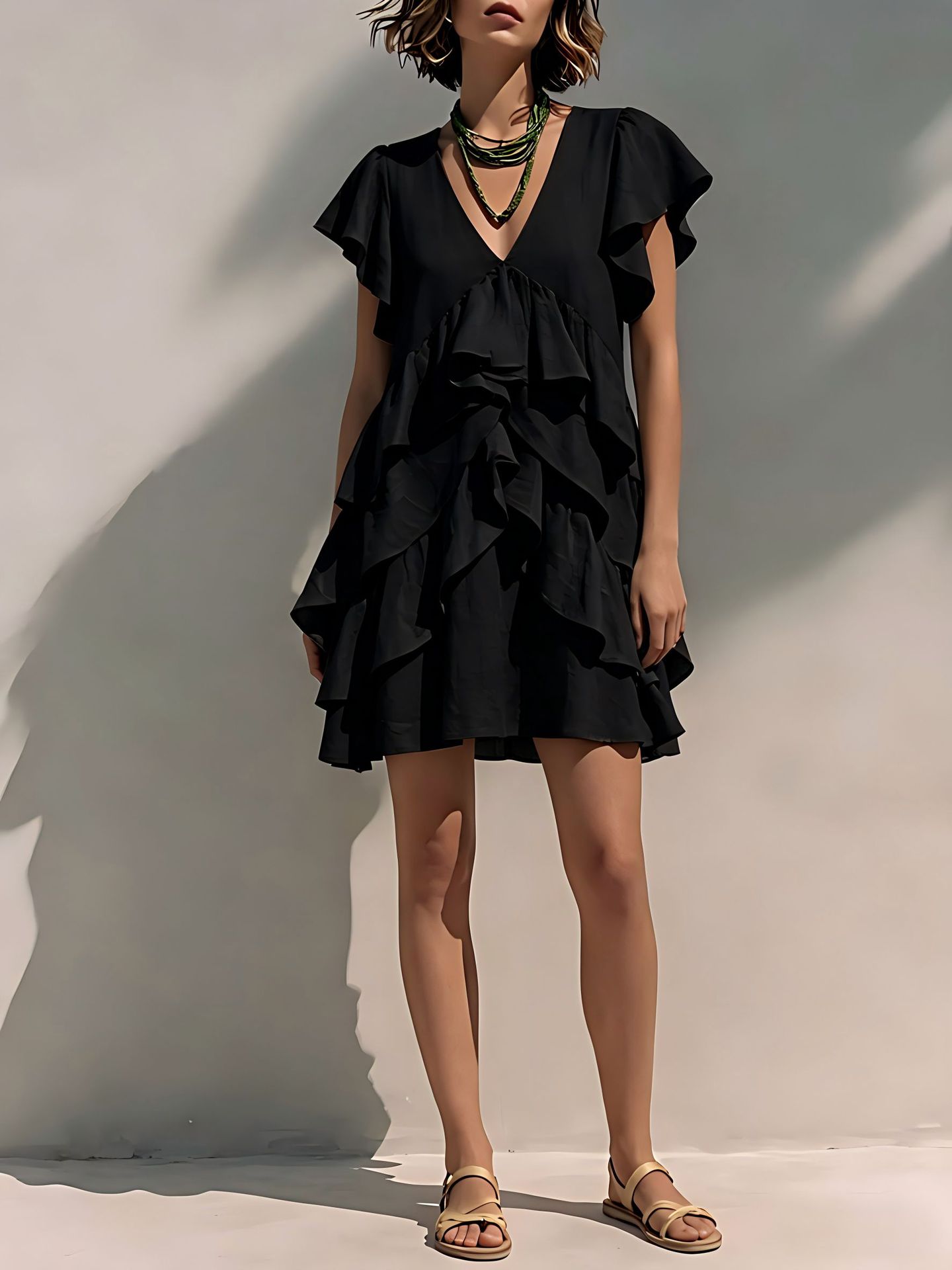 Women's V-Neck Ruffled-Edge Short-Sleeve Casual Loose Dress