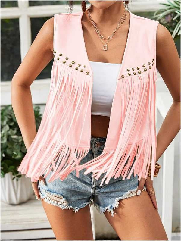 Womens Tassel Sleeveless Vest With Suede Tassels