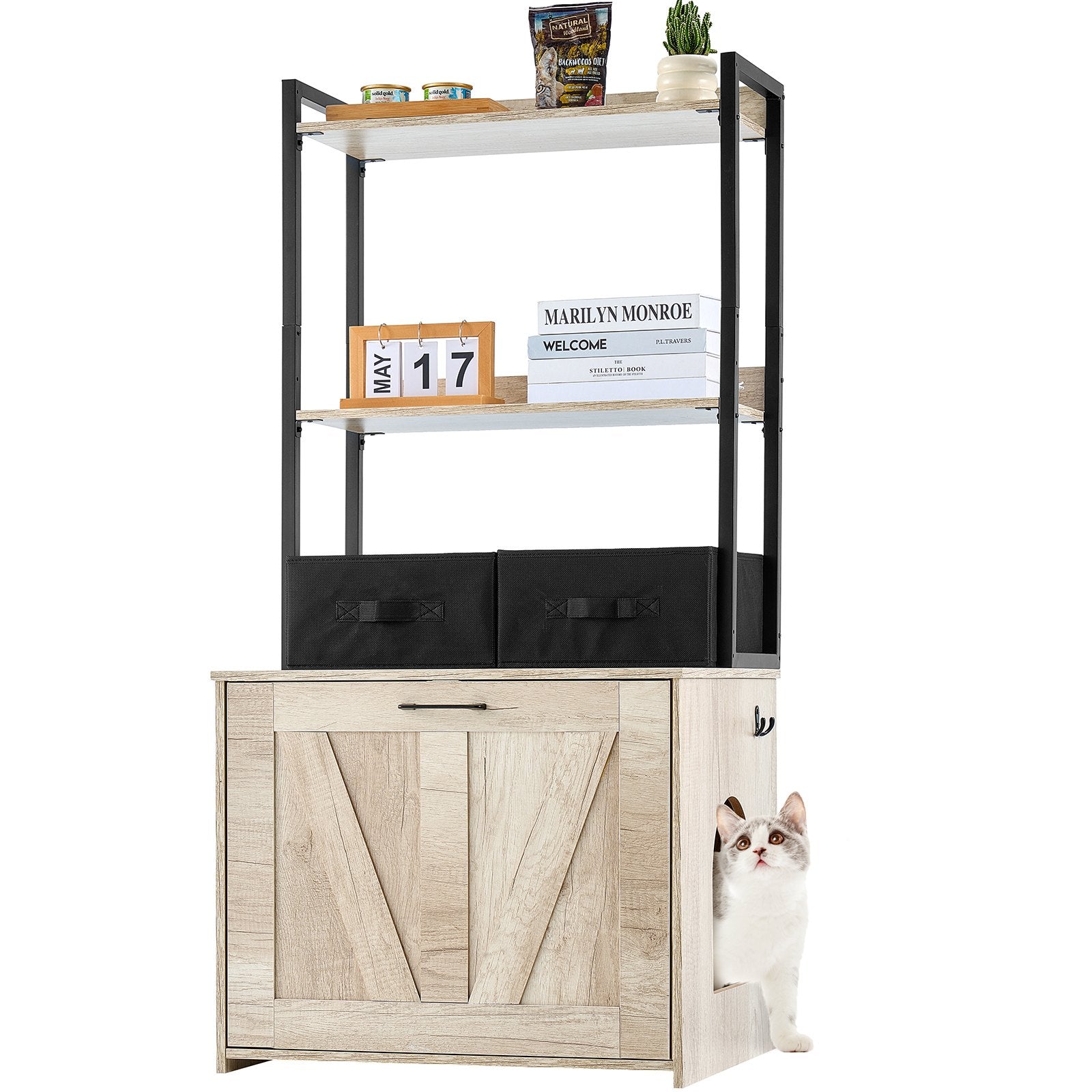 Cat Litter Box Enclosure, Hidden Litter Box Furniture with 2 Storage Shelves and 2 Baskets, Wooden Indoor Cat House Cabinet, Fits Most Litter Boxes