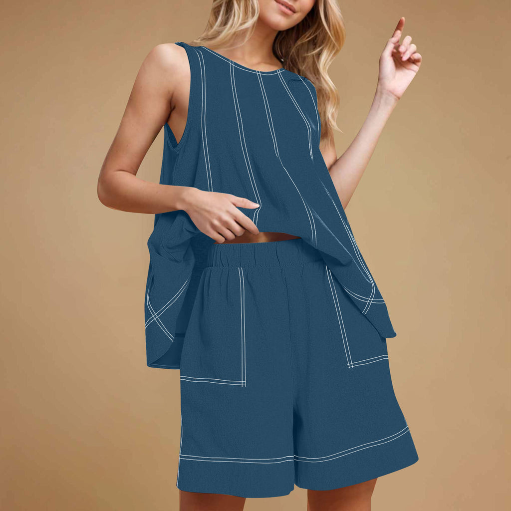 Casual Loose Pocketed Sleeveless Tank Top And Shorts Cotton-Linen Two-Piece Set