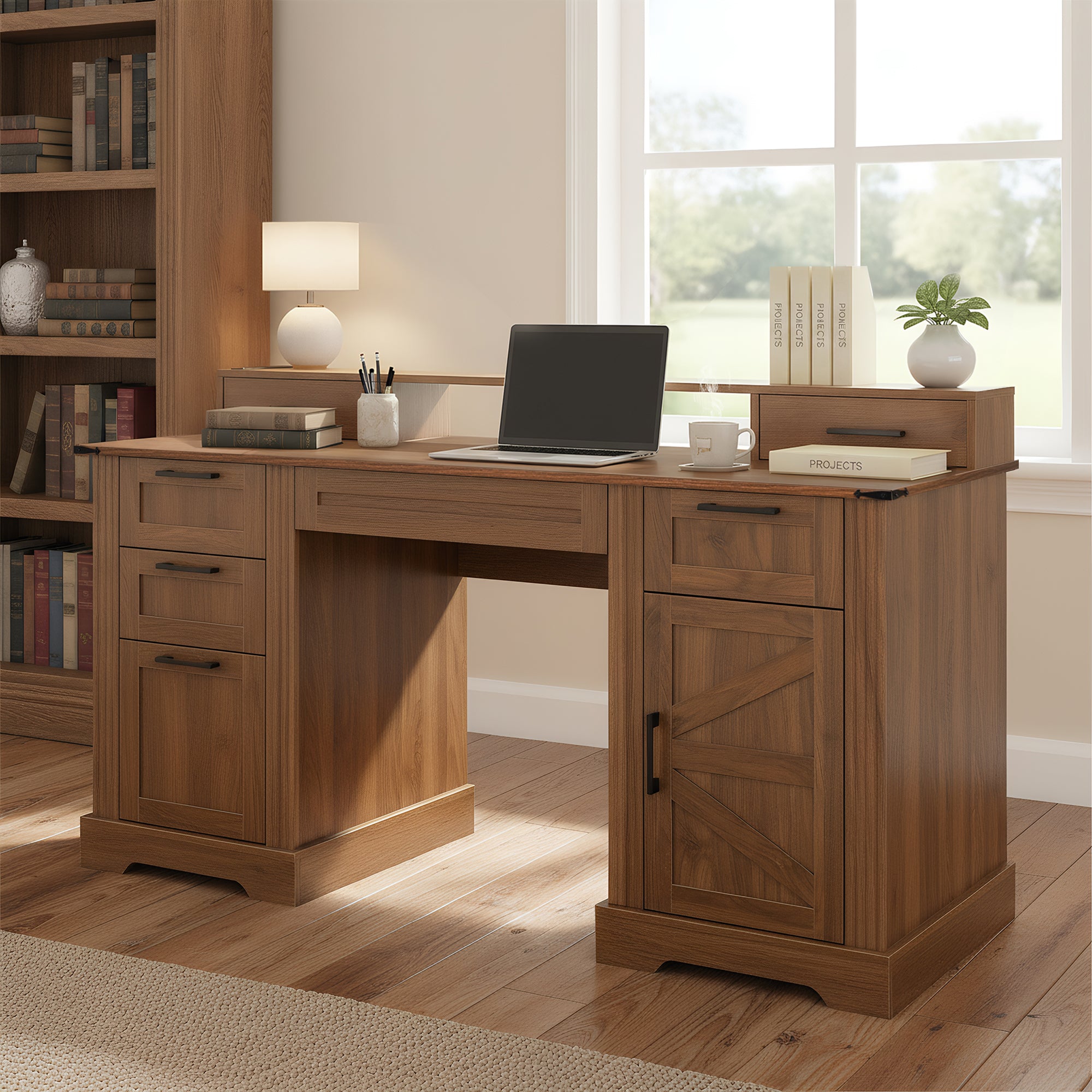 59 Farmhouse Office Desk With  Charging Station  Storage Cabinet, Barn Door Design Home Study Desk With File Drawer, Monitor Stand And Keyboard Tray For Office, Study, Living Room, Dark Walnut
