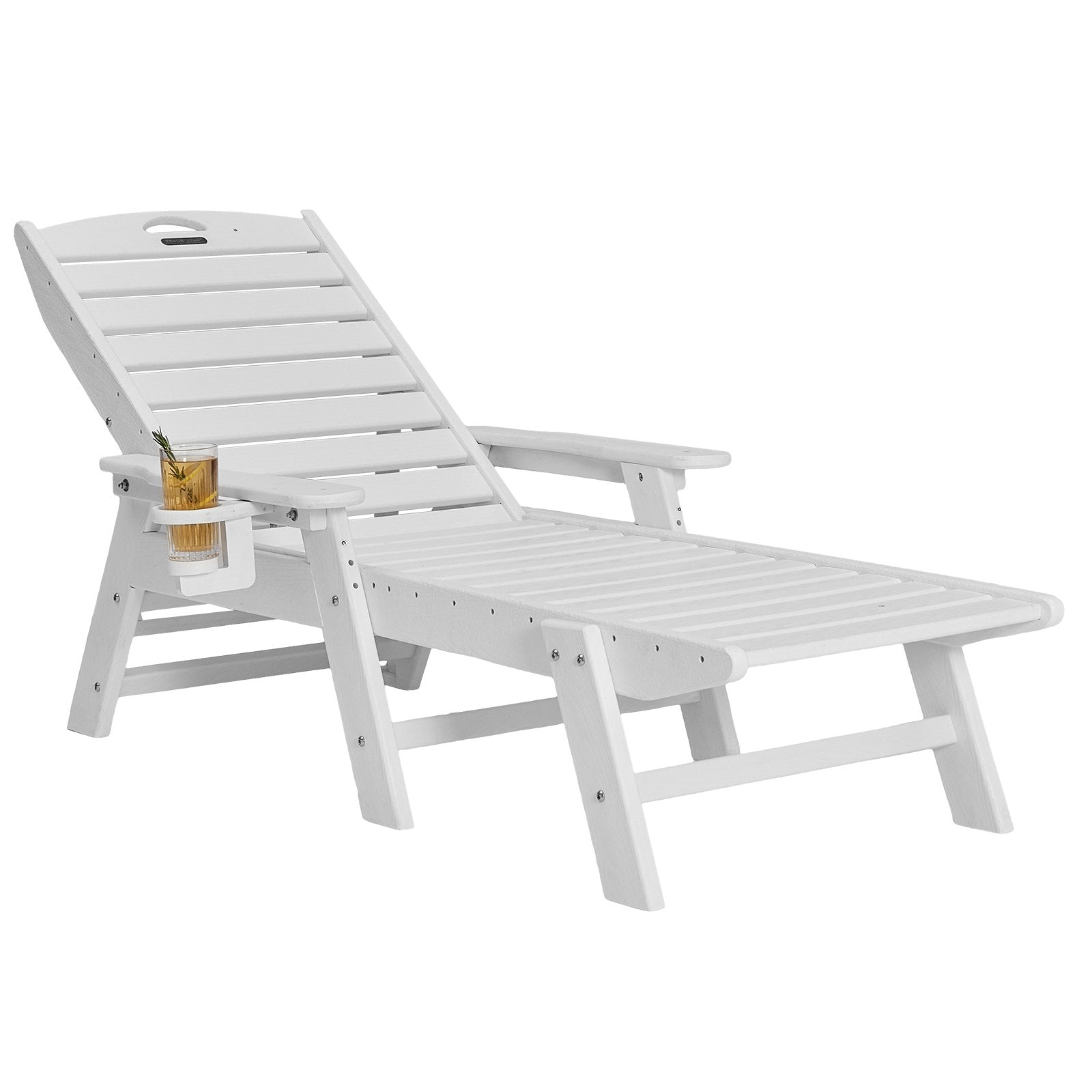 Chaise Lounge Chair, 204 kg Capacity, Adjustable Outdoor Patio Lounge Chair with 6-Position Reclining Backrest, HDPE Lounge Chair with Cup Holder for Pool