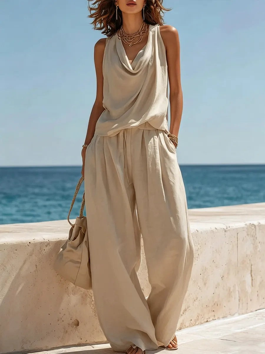 Womens Sleeveless Boat-Neck Top And Wide-Leg Pants Set