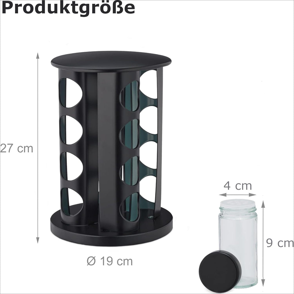Stainless Steel Rotating Spice Rack With Round Top - 16 Jar Storage Organizer In Pure Black, Includes 16 Bottles