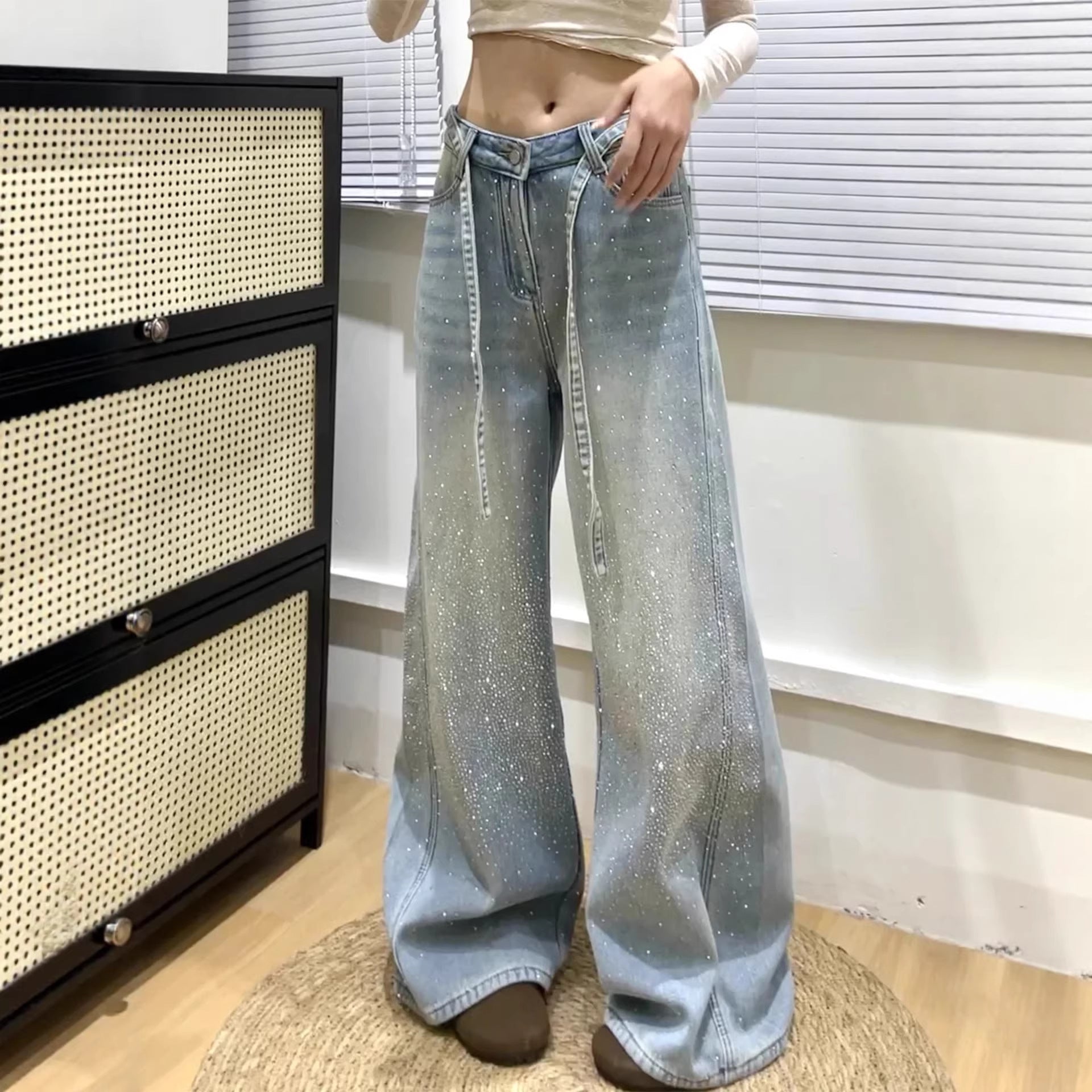 Babys-breath Hot-stone-embellished Wide-leg Denim Jeans For Women