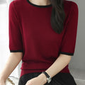 Color-blocked Three-quarter-sleeve Versatile Chic Base Top