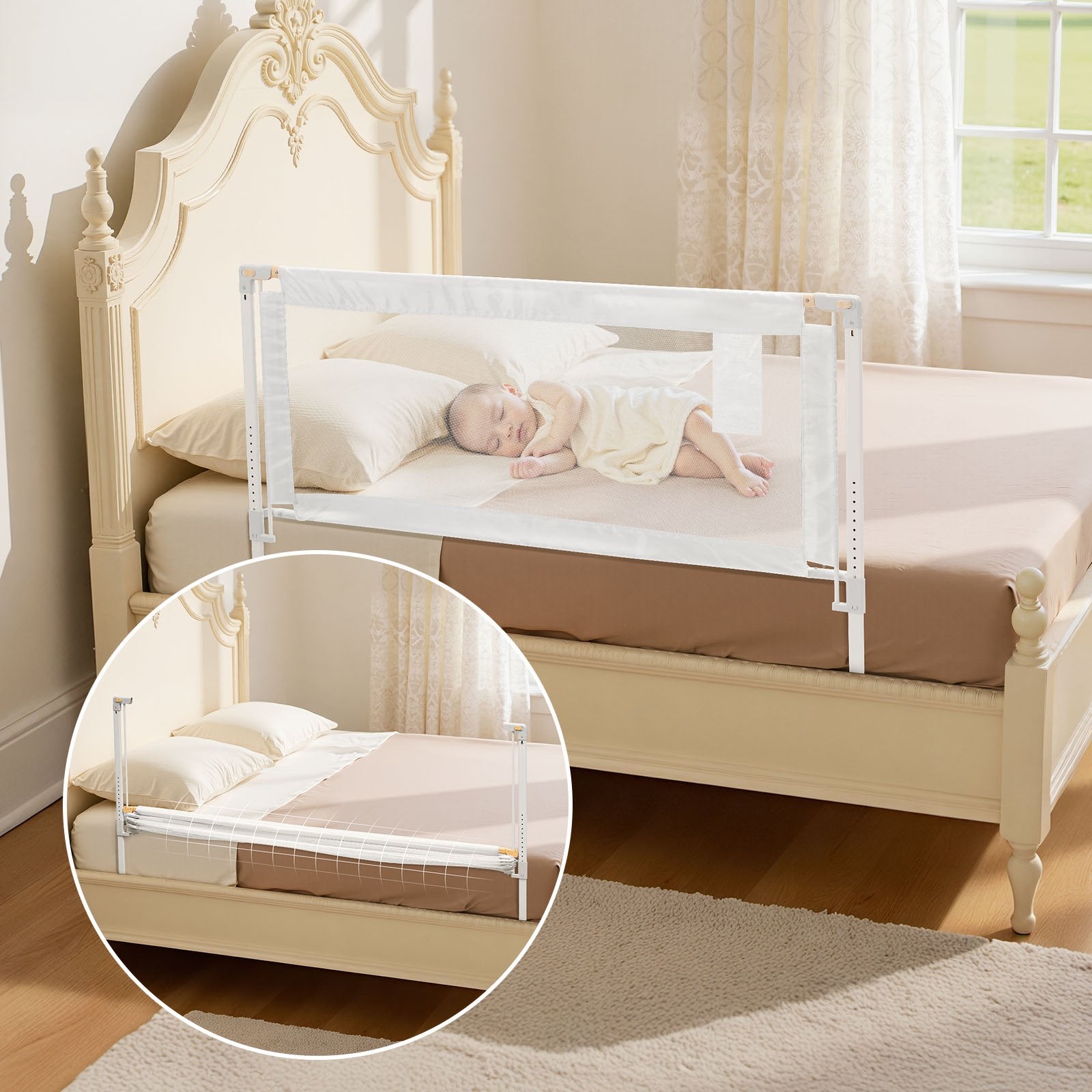 Bettgitter, Bettschutzgitter Mit Verstärktem Eisenrohr Und Oxford-Stoff, Höhenverstellbares Kinderbettgitter, Kinderbettschutzgitter, Rausfallschutz Für Kinderbett, Etagenbett, 150 X 68-89 Cm