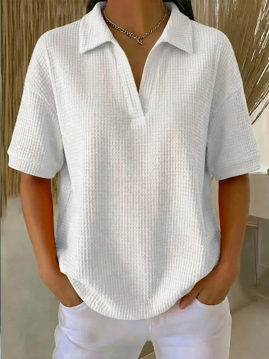 V Neck Waffle Knit Solid Color Loose Fitting Pullover Top