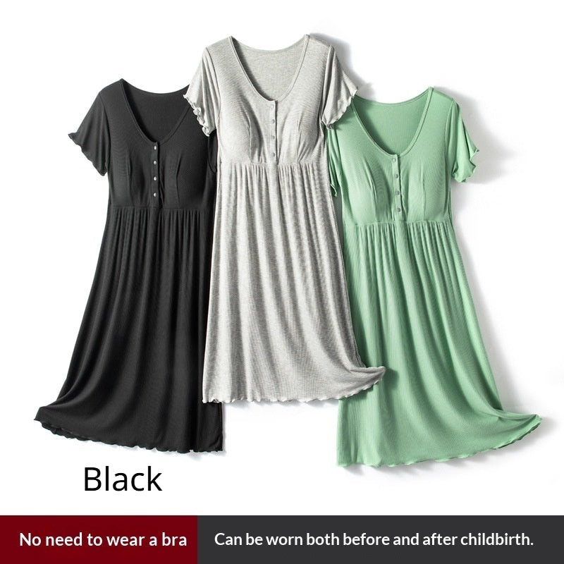 Modal Ribbed Thin Round-neck Short-sleeved Maternity Nursing Dress