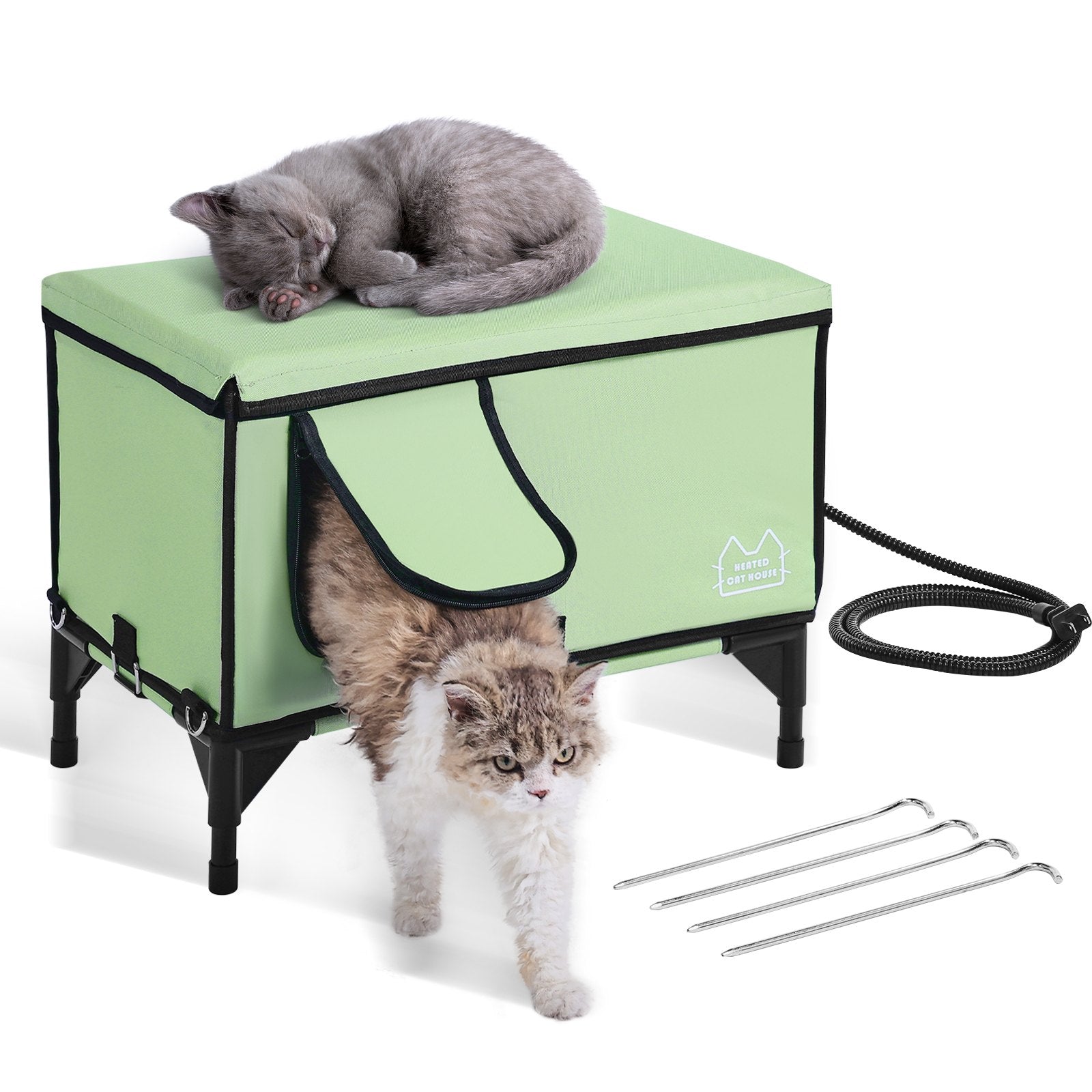 Elevated Heated Cat House, Rectangular Cat Shelter with Adjustable Temperature and Timer, Foldable 900D Oxford Fabric Cat Den with Heated Pad for Winter