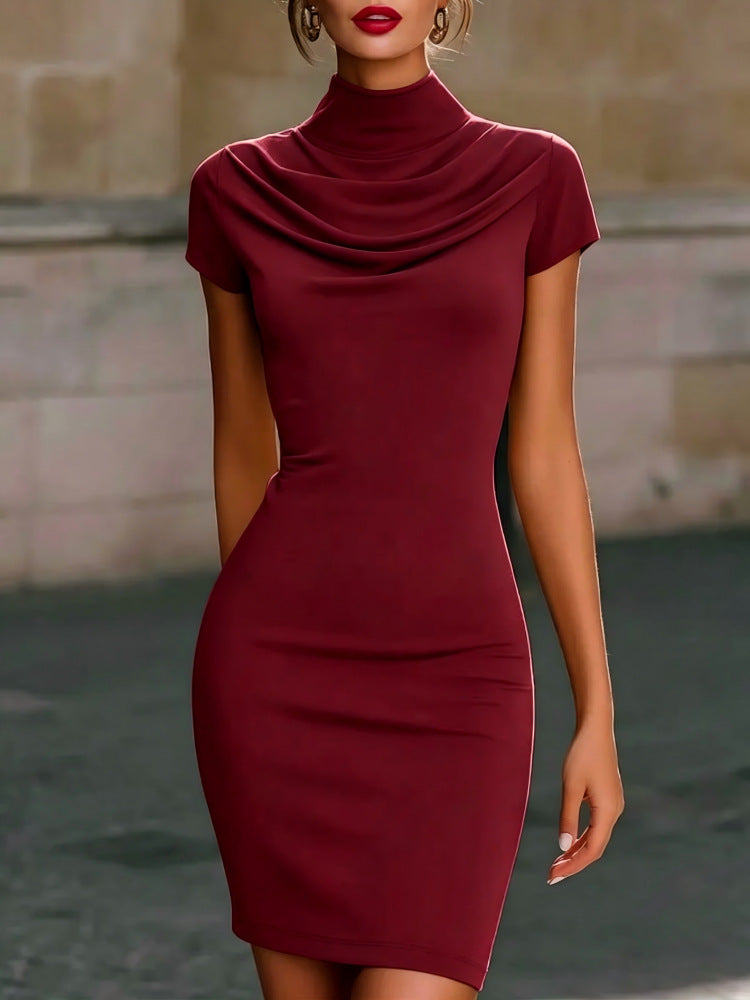 Womens Solid-Colored Stand-Up Collar Short-Sleeve Casual Loose Dress