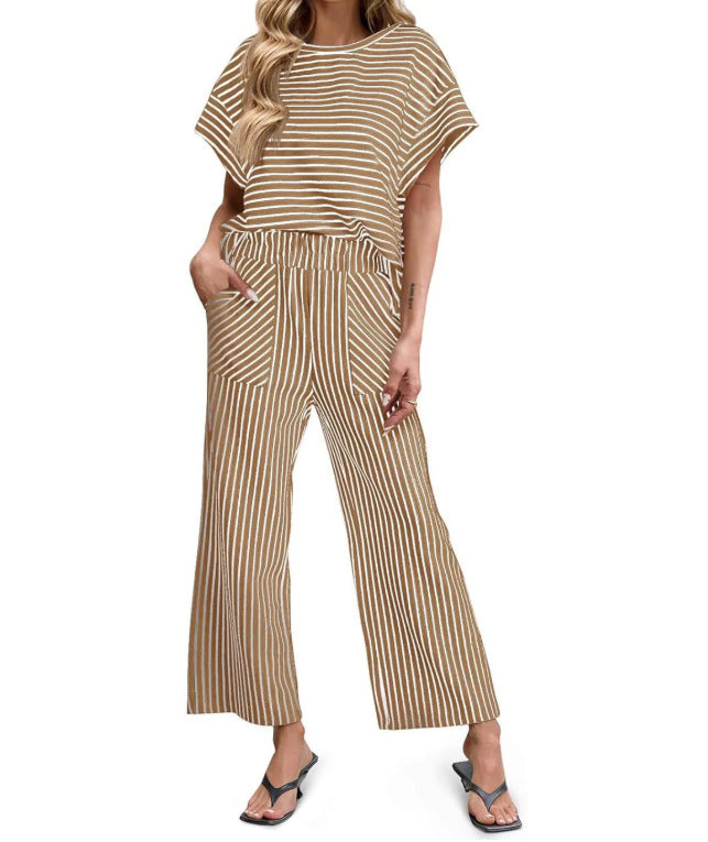 Womens Striped Short-Sleeve T-Shirt And Wide-Leg Pants Set With Pockets