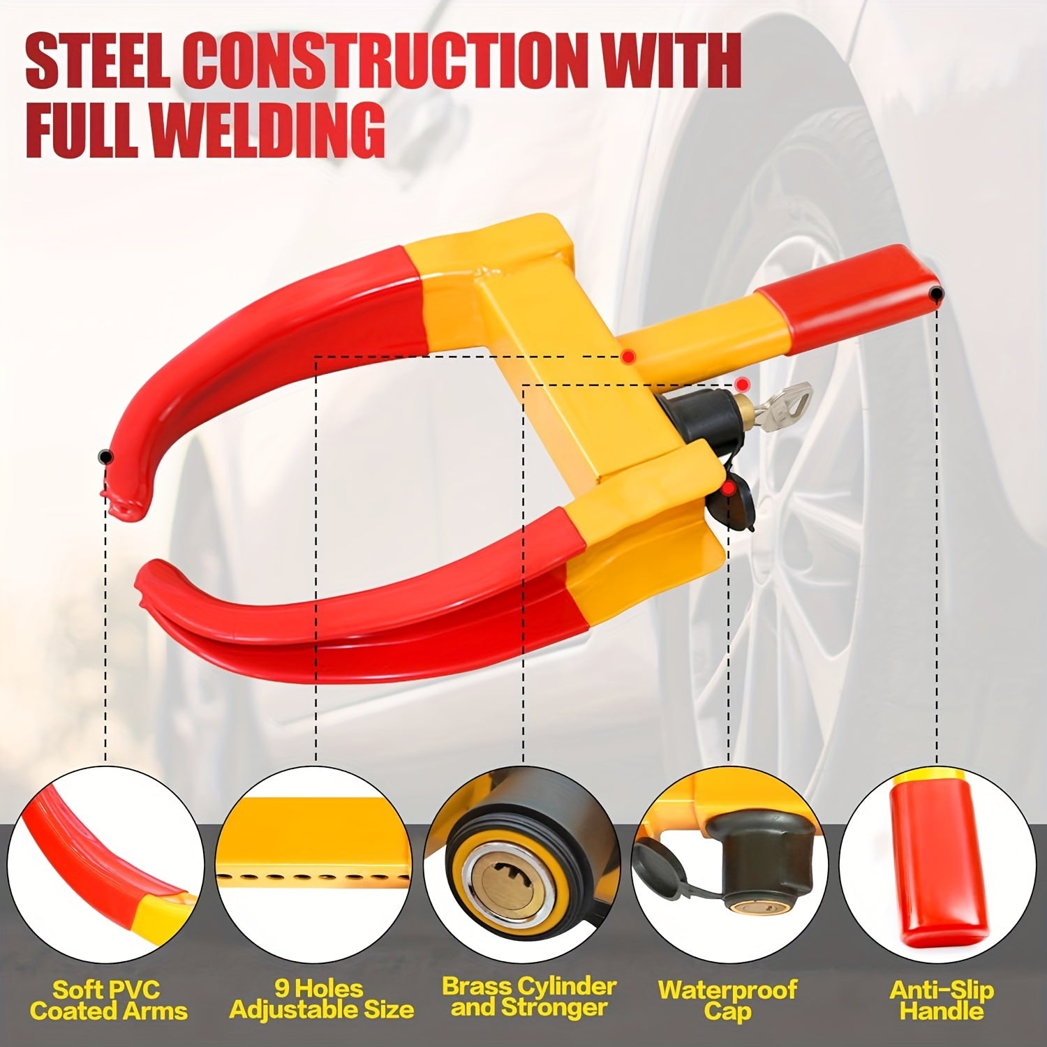 Stainless Steel Heavy Duty Tire Lock. Nine-hole Adjustable. Fits Cars, Trucks, RVs, Trailers, Bikes, Motorcycles