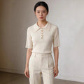 High-End Short-Sleeve Contrasting Color Lapel Knit Top