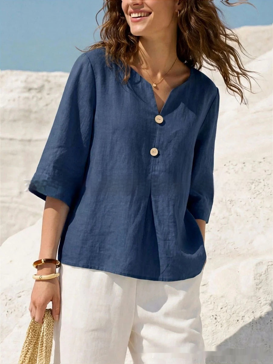 New Solid-Colored Casual Cotton-Linen Womens V-Neck Button-Up Shirt