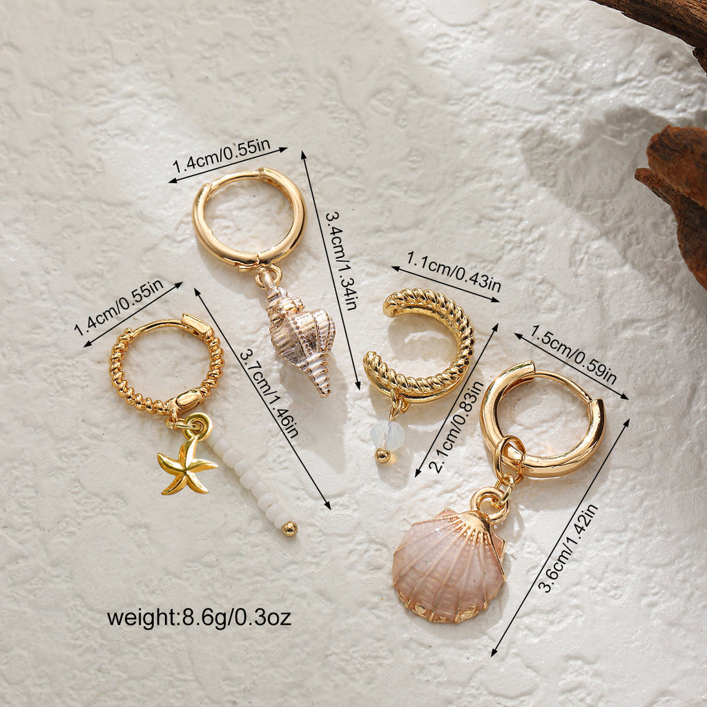 Colorful Shell Conch Drop Earrings Ear Cuff Beaded Earrings Bohemian Ocean Style 4Pcs Jewelry Set