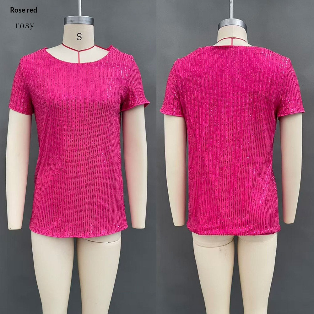 Women's Commuter Sequin Loose Crew Neck Short-Sleeve Top
