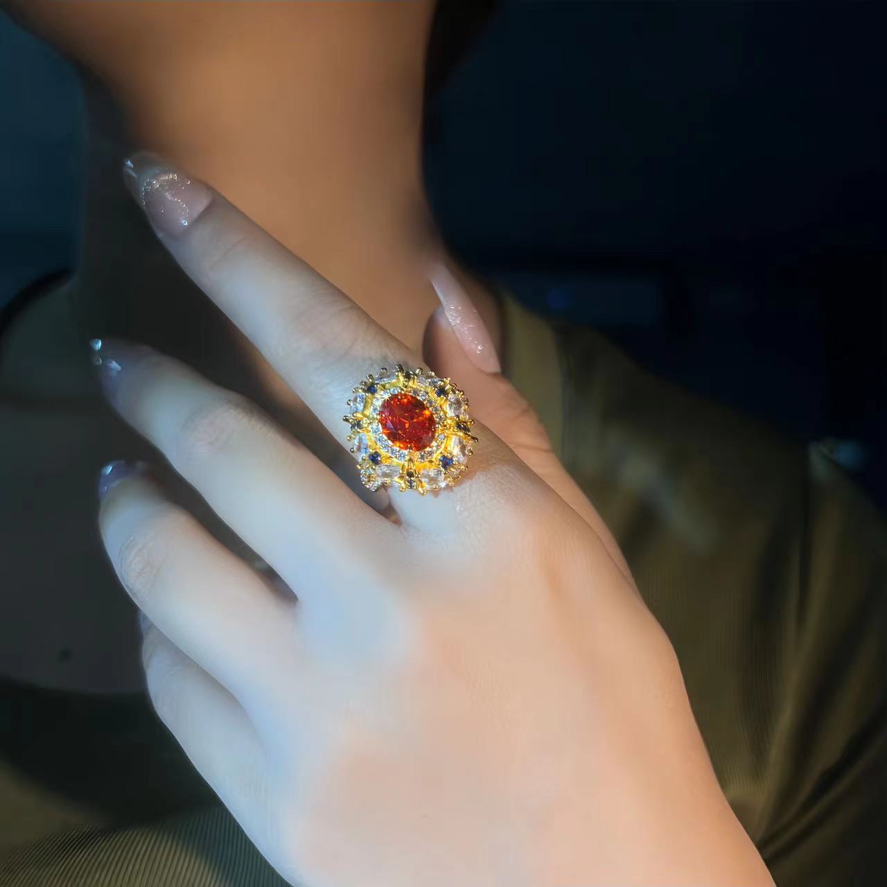 Heavy Craft Retro Italian Carved Gold Open Ring, Real Gold Plated Brass Elegant Versatile  Gem Ring